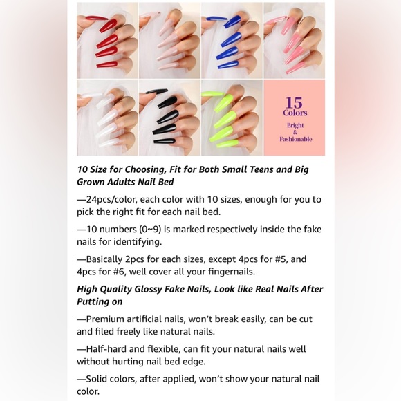 Press on Nails Long Coffin, 360PCS Fit Nicely & Natural Glossy, Complete Kit - Picture 4 of 13